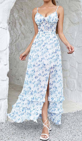 Strappy Corset Tiered Maxi Dress In Blue